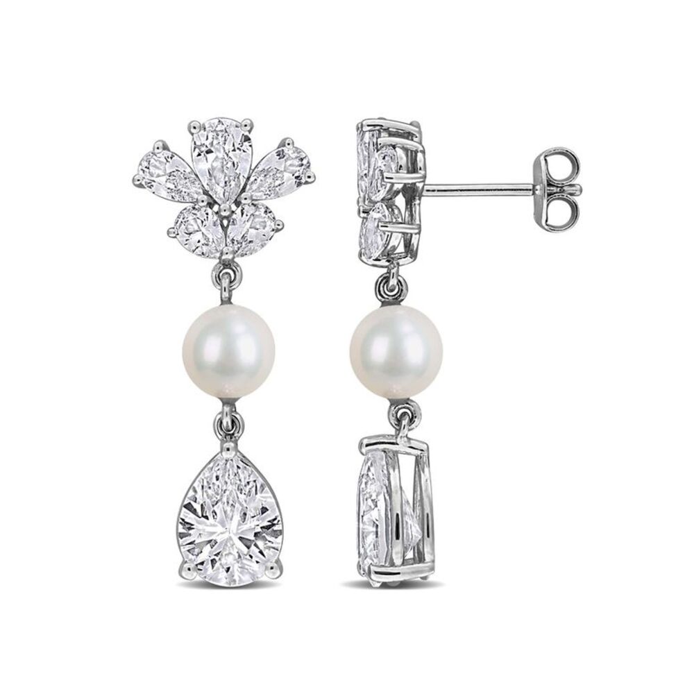 8.92 Carat (ctw) Lab-Created White Sapphire Freshwater Pearl Earrings Silver